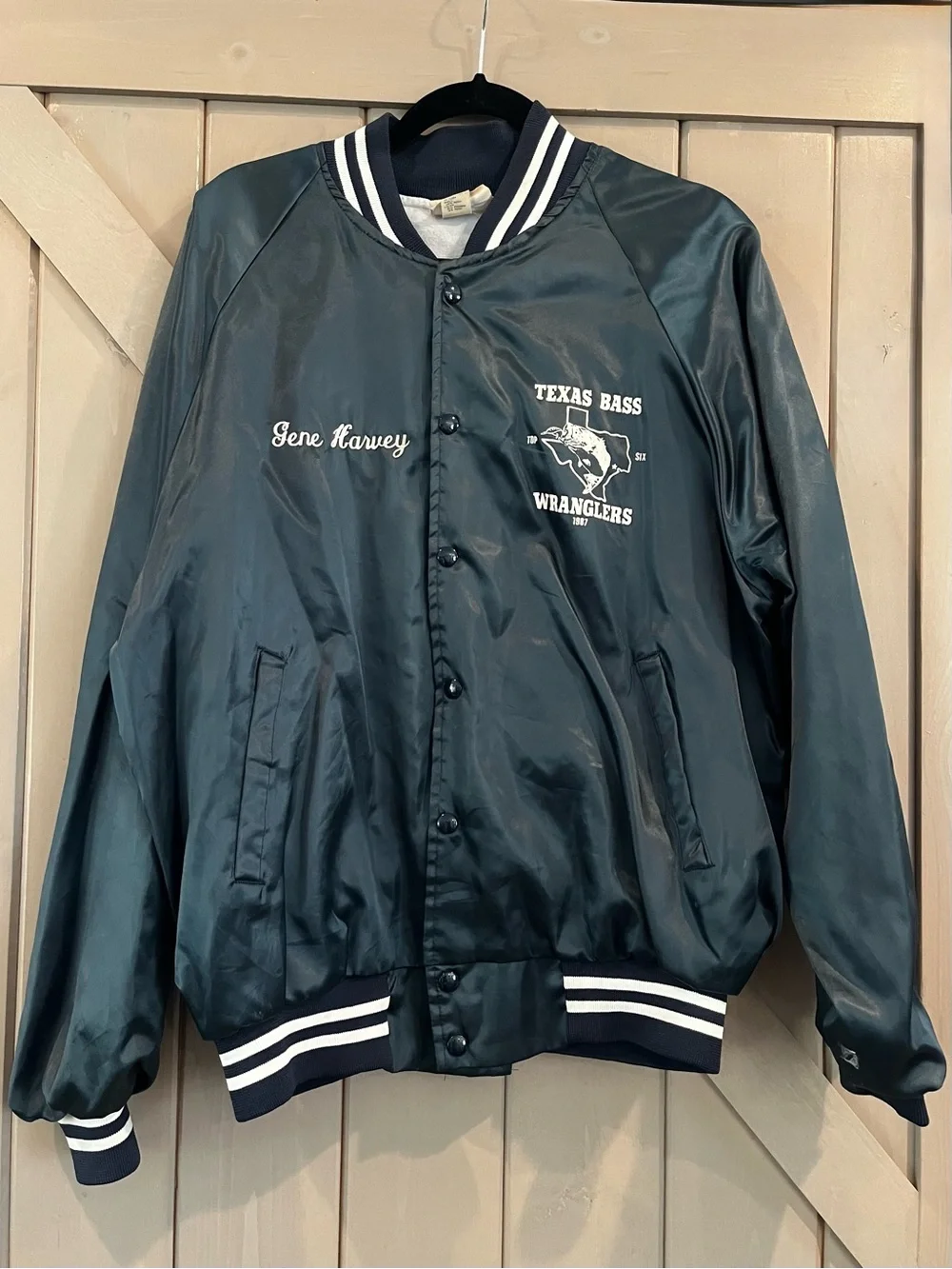 Vintage Texas Bass Wranglers Satin Bomber Jacket in Teal with White Trim